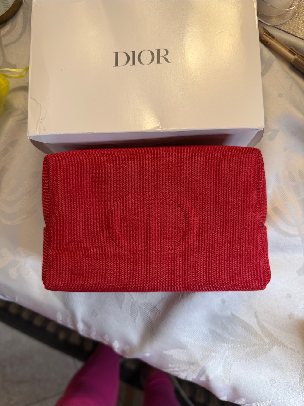 Dior Red Embossed Canvas Clutch and Box